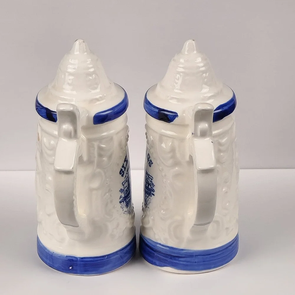 Vintage Six Flags Salt and Pepper Shakers Beer‎ Stein Japan Blue White Ceramic